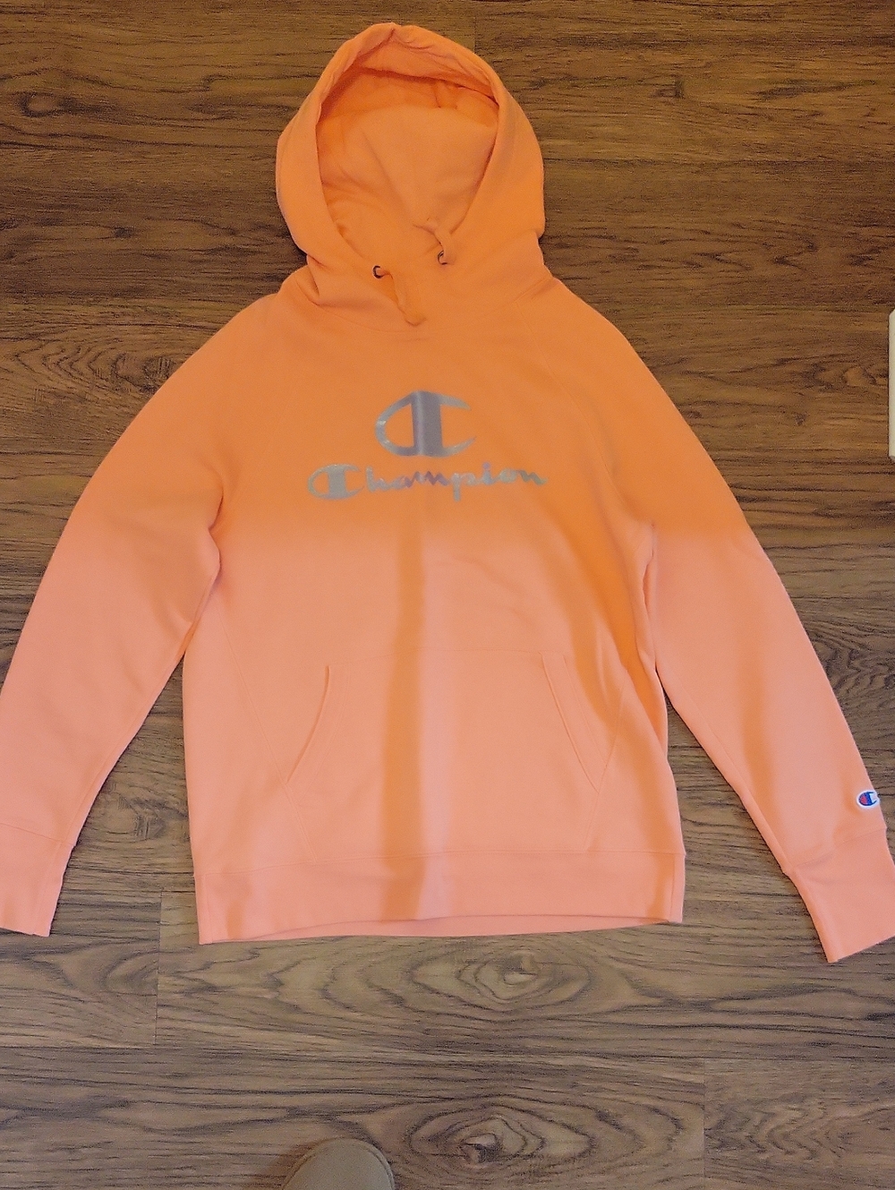 Champion Womens’s Crewneck Hoodie — Peach Orange with Gray Logo